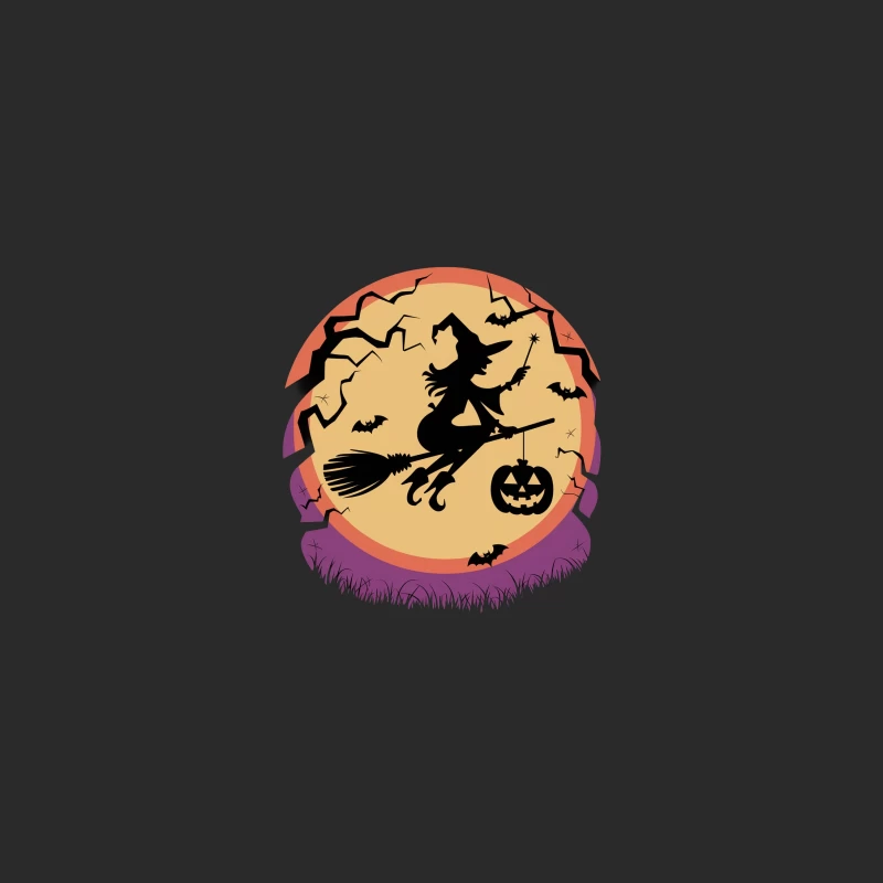 Halloween Night Witch Silhouette with Pumpkin and Bats Under Full Moon Baseball Cap