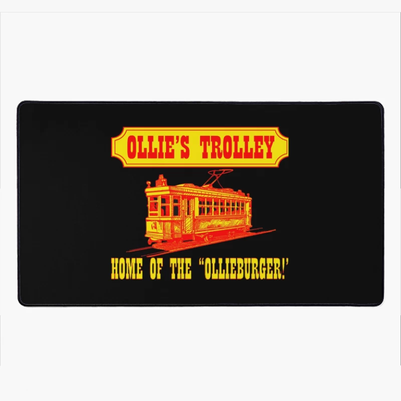 Vintage Ollie's Trolley Restaurant Logo with Classic Streetcar Design Desk Mat