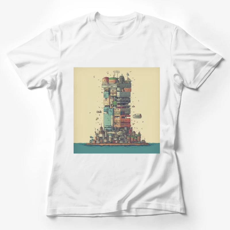 Retro-Futuristic Vertical City Island Female T-Shirt