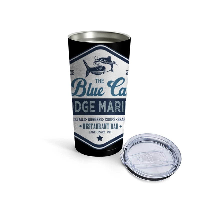 The Blue Cat Lodge Marina Restaurant and Bar - Vintage Nautical Logo Design Travel Mug