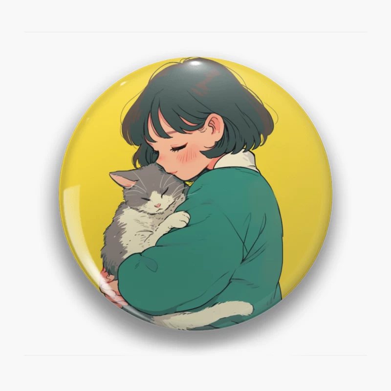 Gentle Embrace: Girl in Green Cuddling Gray Cat Pin