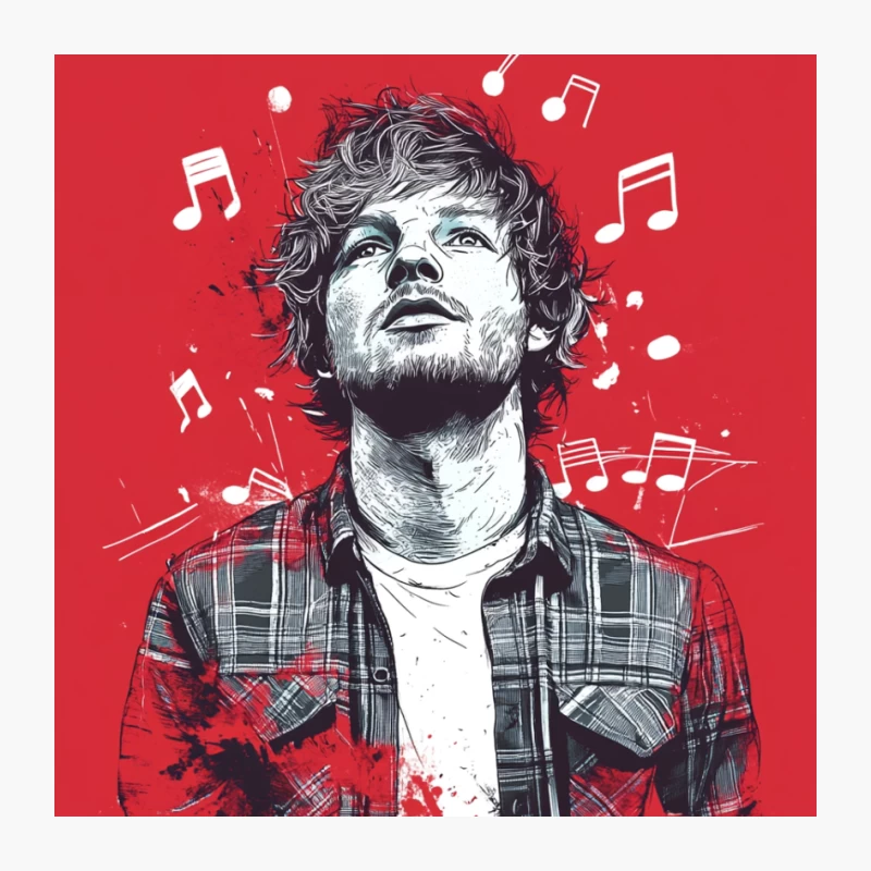 Artistic Portrait of Musician with Musical Notes on Red Background Pin