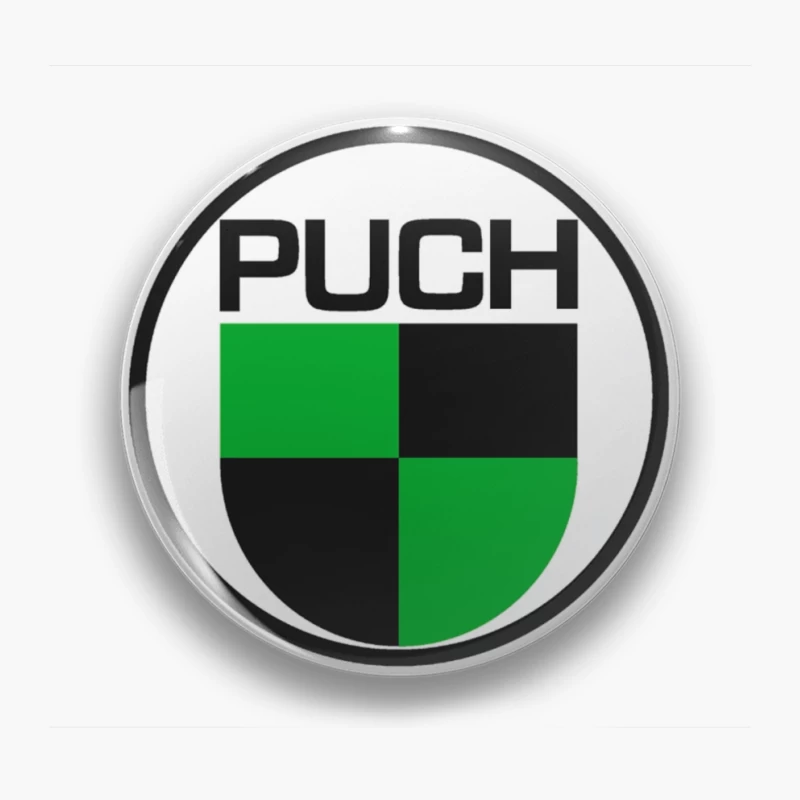 Vintage Puch Motorcycle Company Logo with Green and Black Shield Design Pin