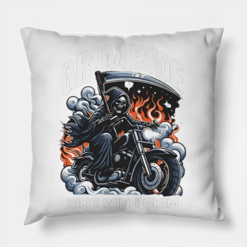 Grim Reaper's Fiery Motorcycle Ride Throw Pillow