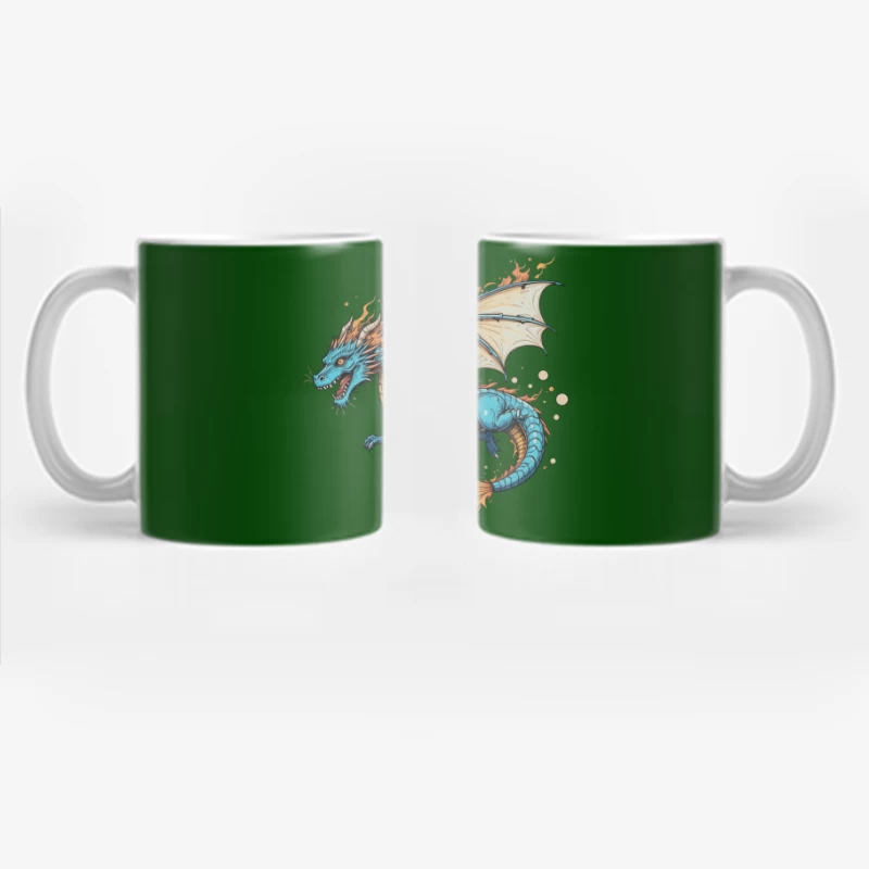 Fierce Blue Dragon with Fiery Mane and Wings Coffee Mug
