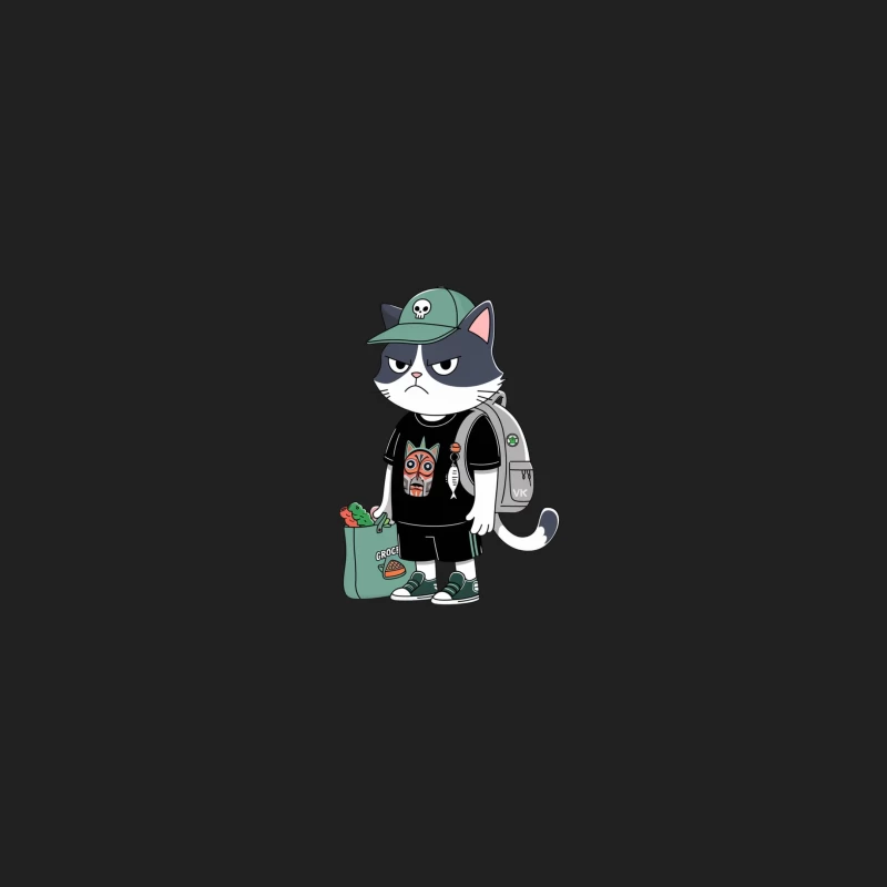 Grumpy Street Style Cat with Skull Cap and Groceries Bucket Hat