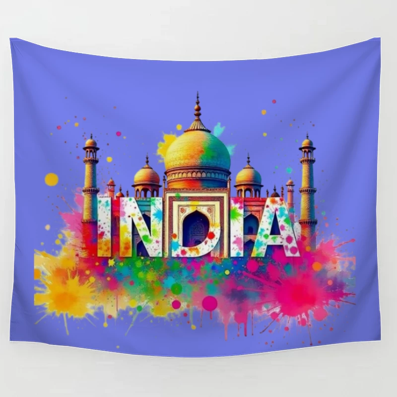 Vibrant Watercolor India Typography with Taj Mahal Silhouette Tapestry