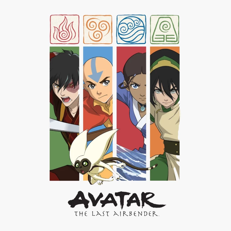 Avatar: The Last Airbender Character Panel with Elemental Symbols Cotton Tote Bag