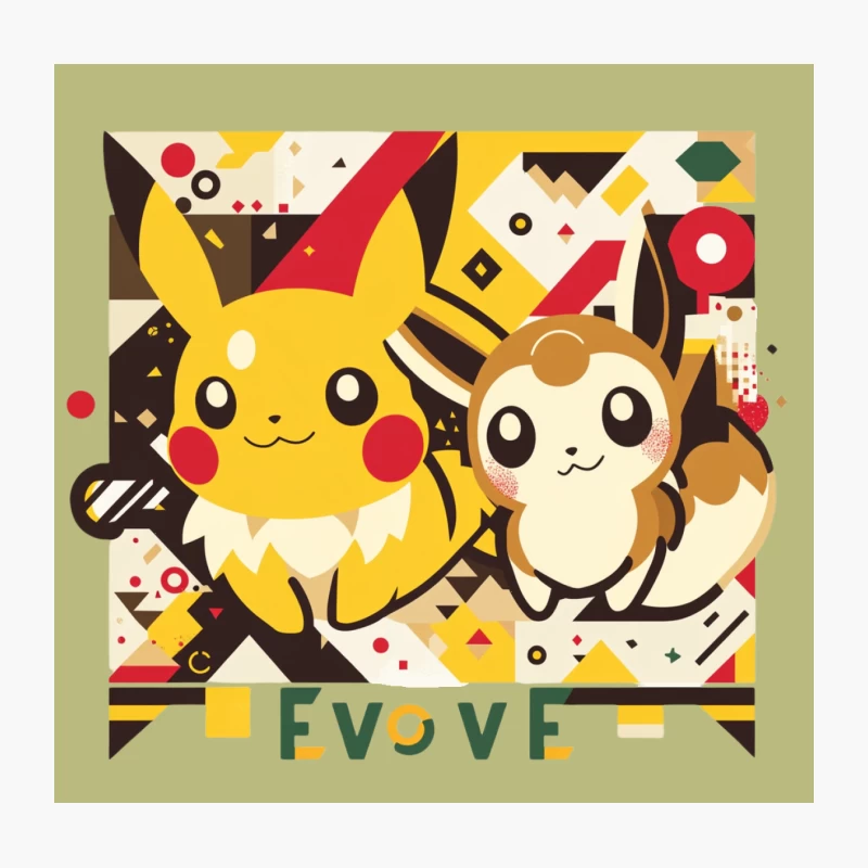 Vibrant Pokemon Characters: Pikachu and Eevee in Geometric Style Throw Pillow
