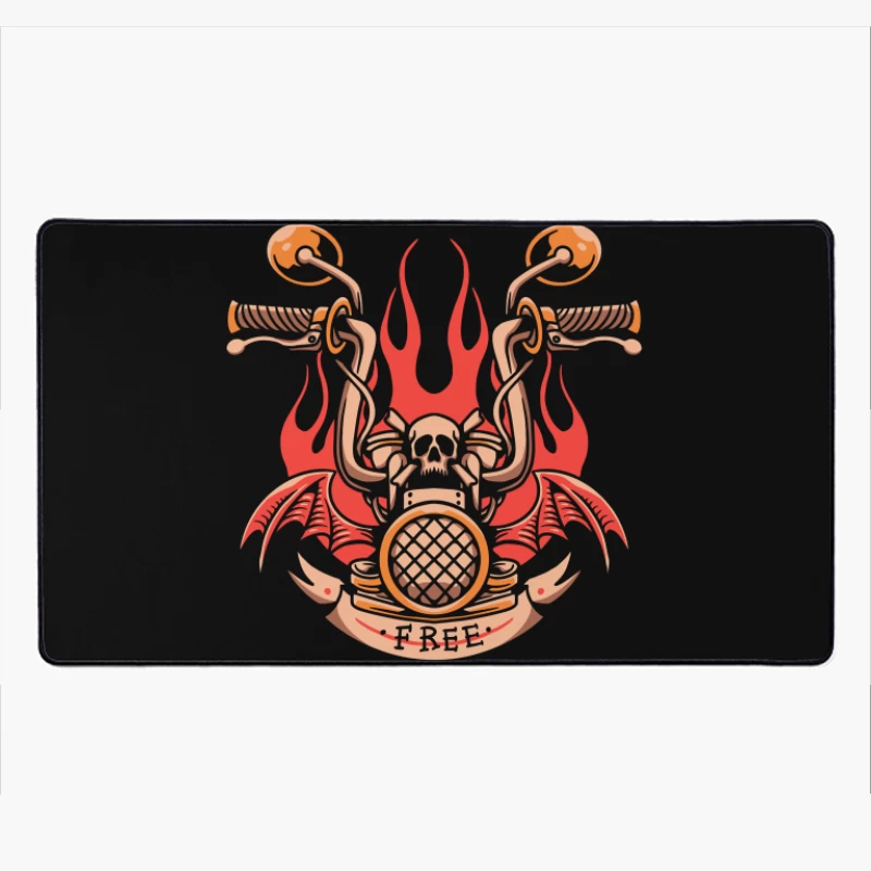 Skull and Flames Motorcycle Emblem Desk Mat