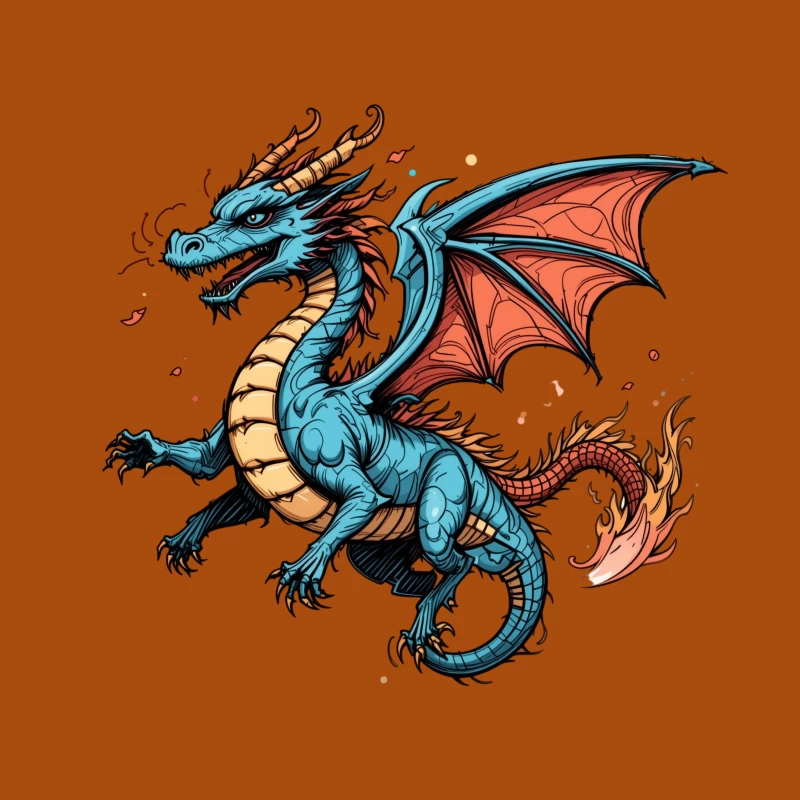 Colorful Blue Dragon Illustration Throw Pillow