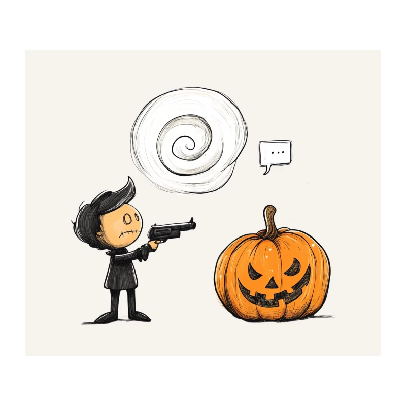 Spooky Halloween Cartoon with Gun-Wielding Character and Jack-o'-Lantern Tapestry