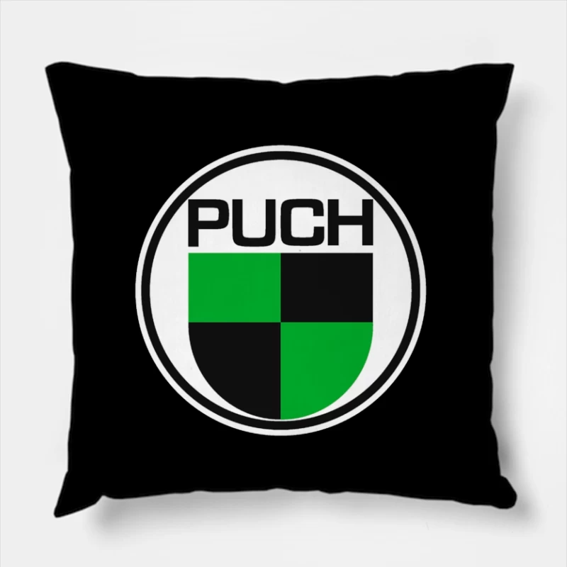 Vintage Puch Motorcycle Company Logo with Green and Black Shield Design Throw Pillow