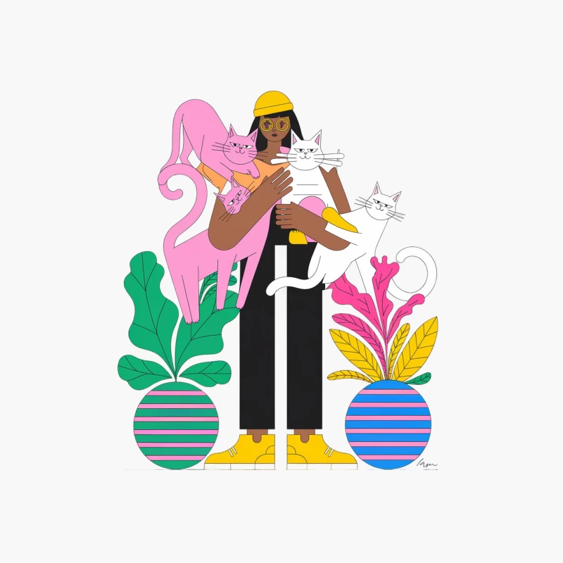 Colorful Modern Illustration of Cat Lover with Houseplants Cotton Tote Bag