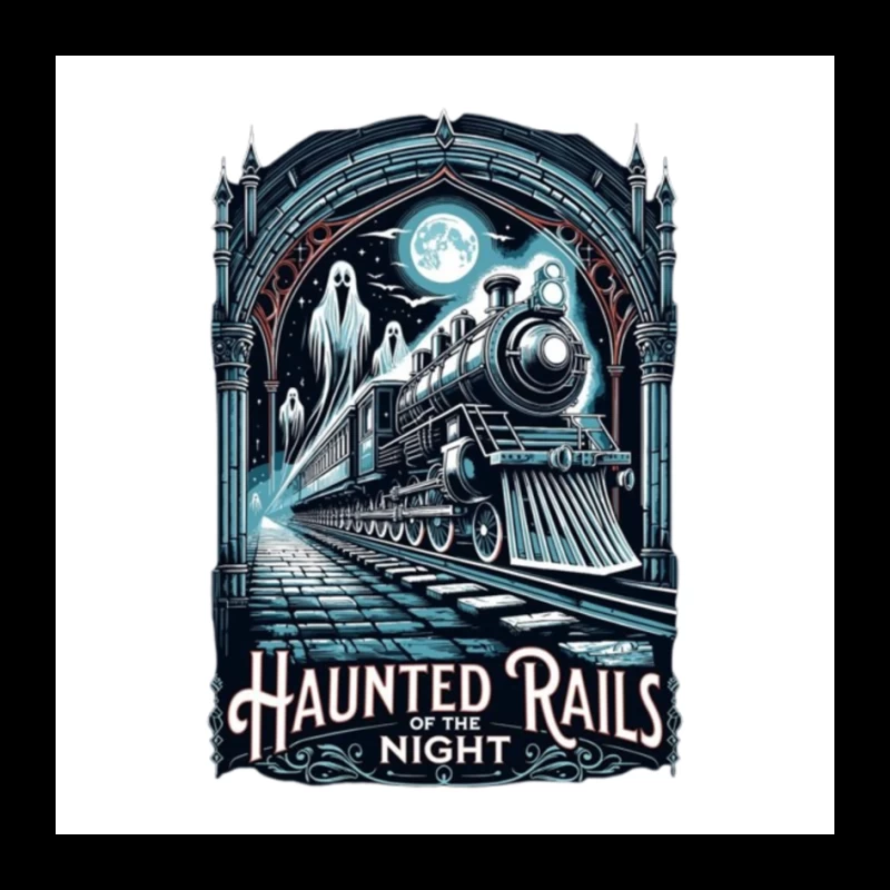 Gothic Haunted Steam Train Under Moonlit Archway Pin