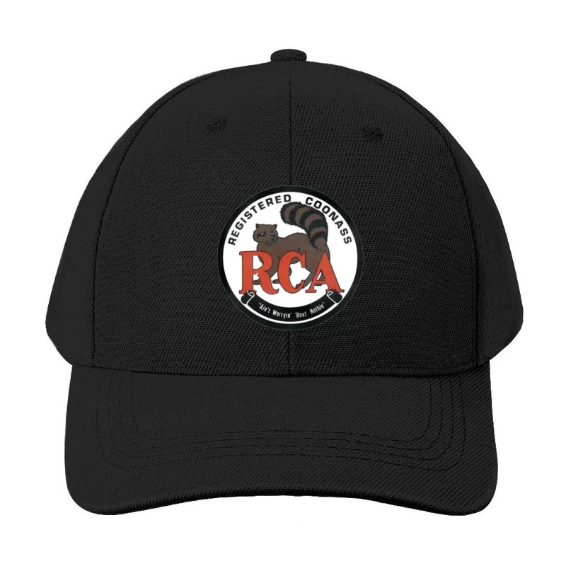 Registered Coonass RCA Logo with Raccoon Mascot and Humorous Slogan Baseball Cap