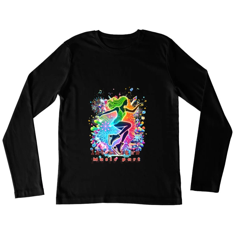 Neon ice skater girl Silhouette with Retro Music Vibes Female Long Sleeve T-Shirt