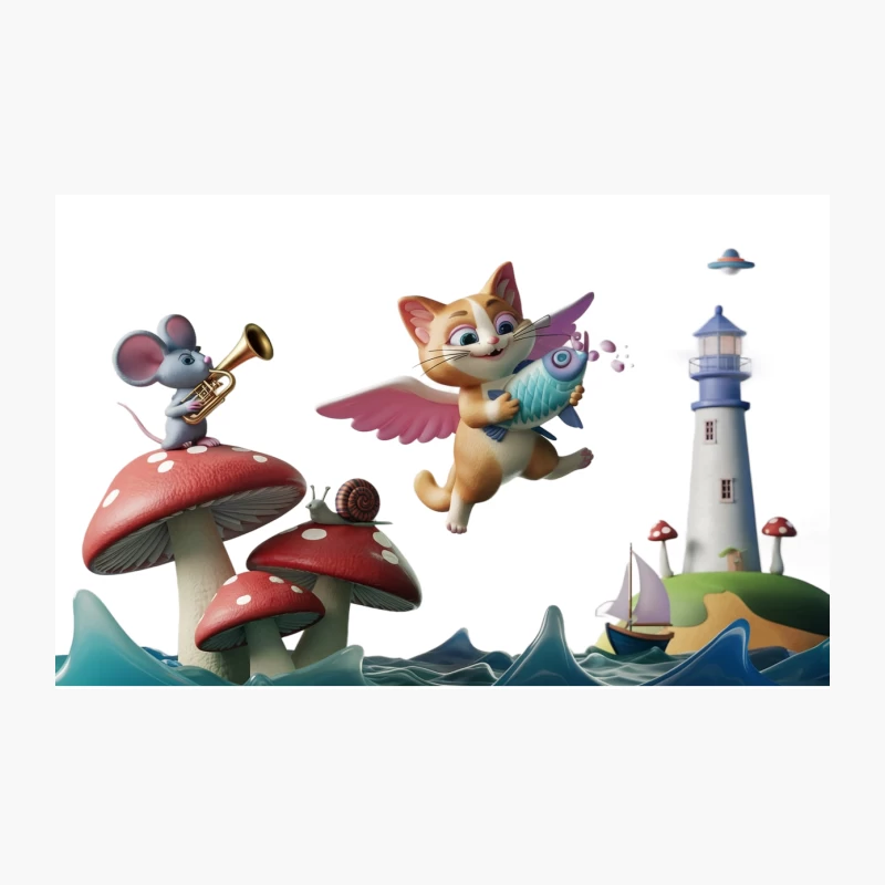 Whimsical Cartoon Fantasy with Cat, Mouse, and Lighthouse Travel Mug