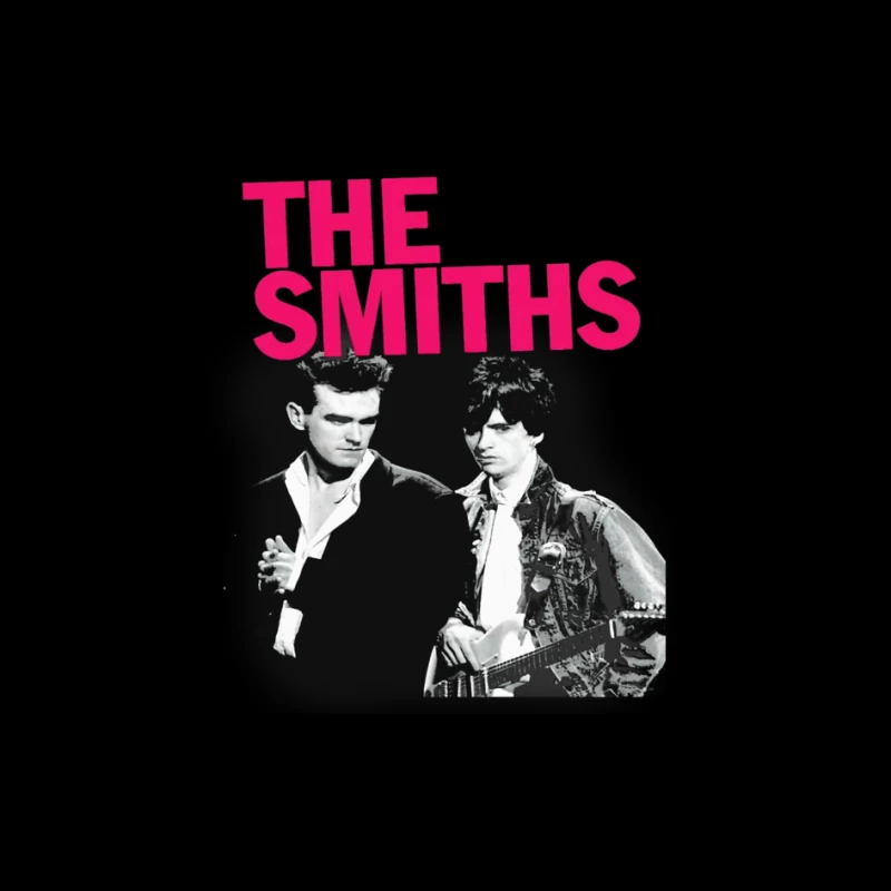 The Smiths: Iconic 1980s Indie Rock Band Portrait with Pink Logo Pin