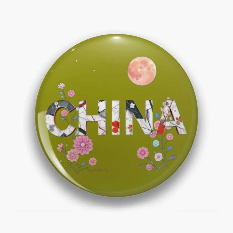 Floral Chinese Typography with Pink Moon and Cherry Blossoms Pin