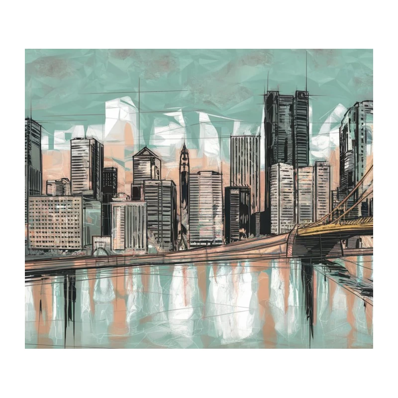 Artistic Urban Skyline with Bridge Reflection Tapestry