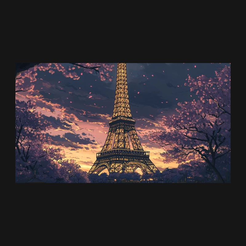 Romantic Parisian Sunset: Eiffel Tower Framed by Cherry Blossoms Desk Mat