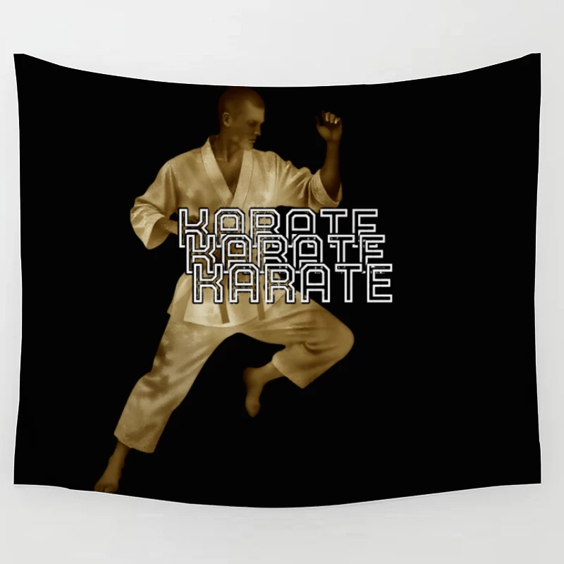 Karate Fighter in Dynamic Combat Stance with Stylized Text Tapestry