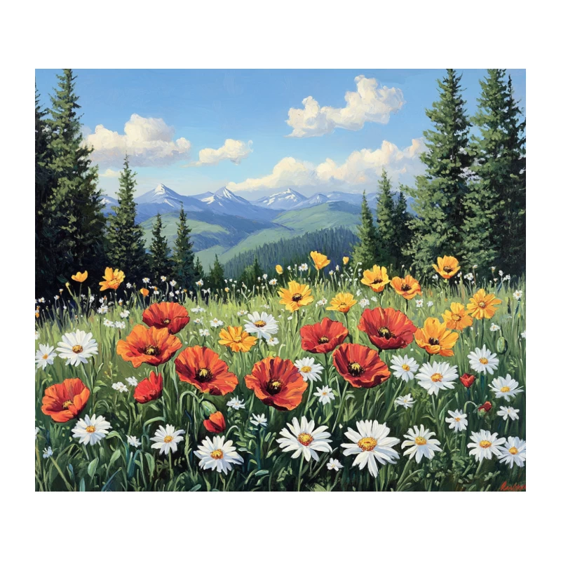 Vibrant Wildflower Meadow with Mountain Vista Tapestry