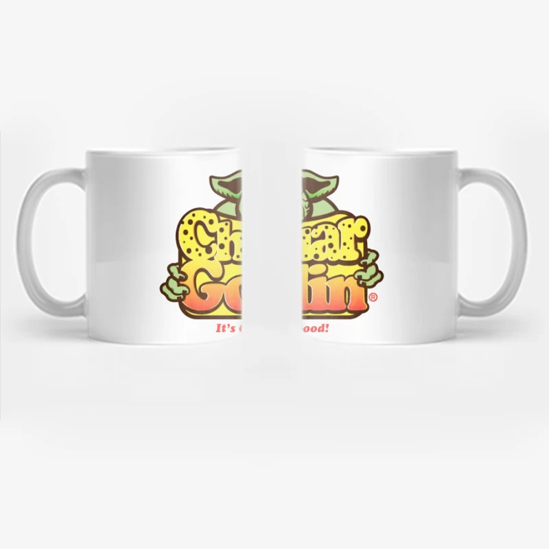 Retro Goblin Character Food Logo with Yellow Typography Coffee Mug