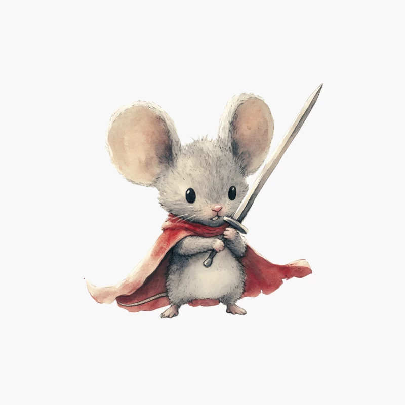 Cute Warrior Mouse with Red Cape and Sword Watercolor Illustration Cotton Tote Bag