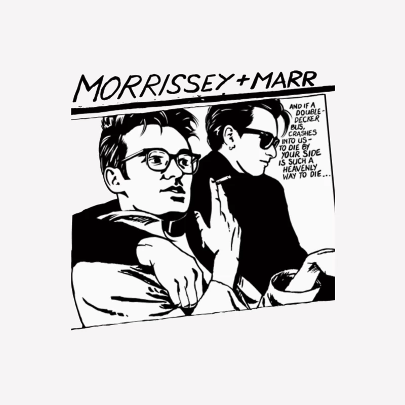 Black and White Comic Style Portrait of Morrissey and Marr with Dark Humor Quote Female T-Shirt