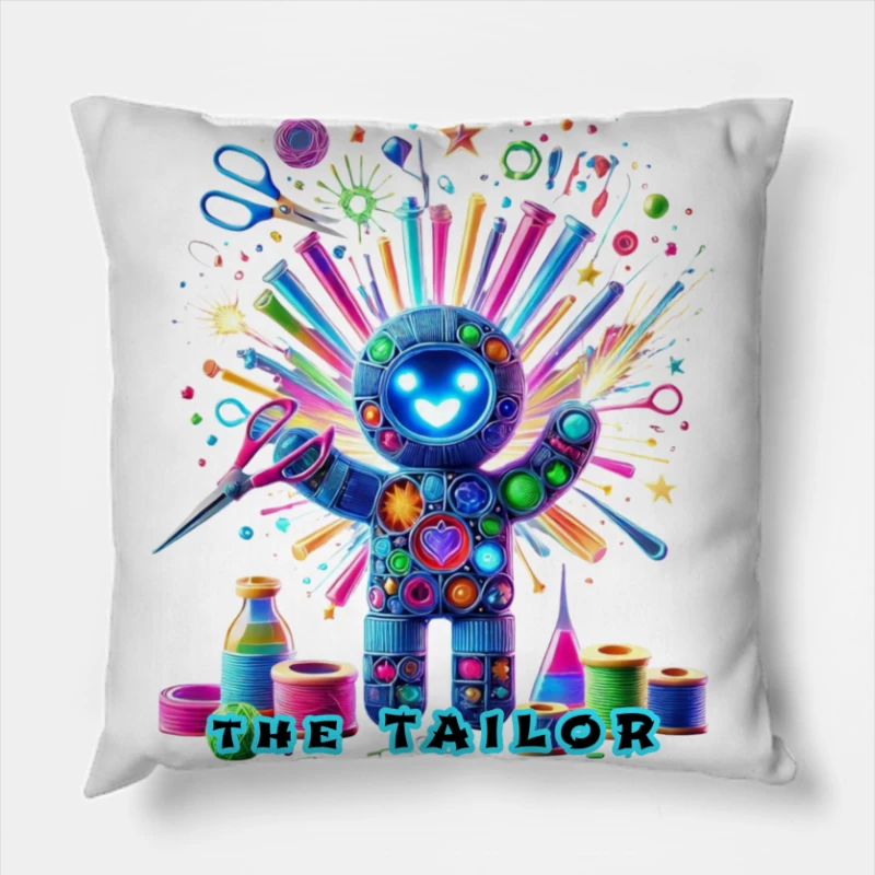 The Magical Sewing Robot: A Colorful Crafting Fantasy Throw Pillow