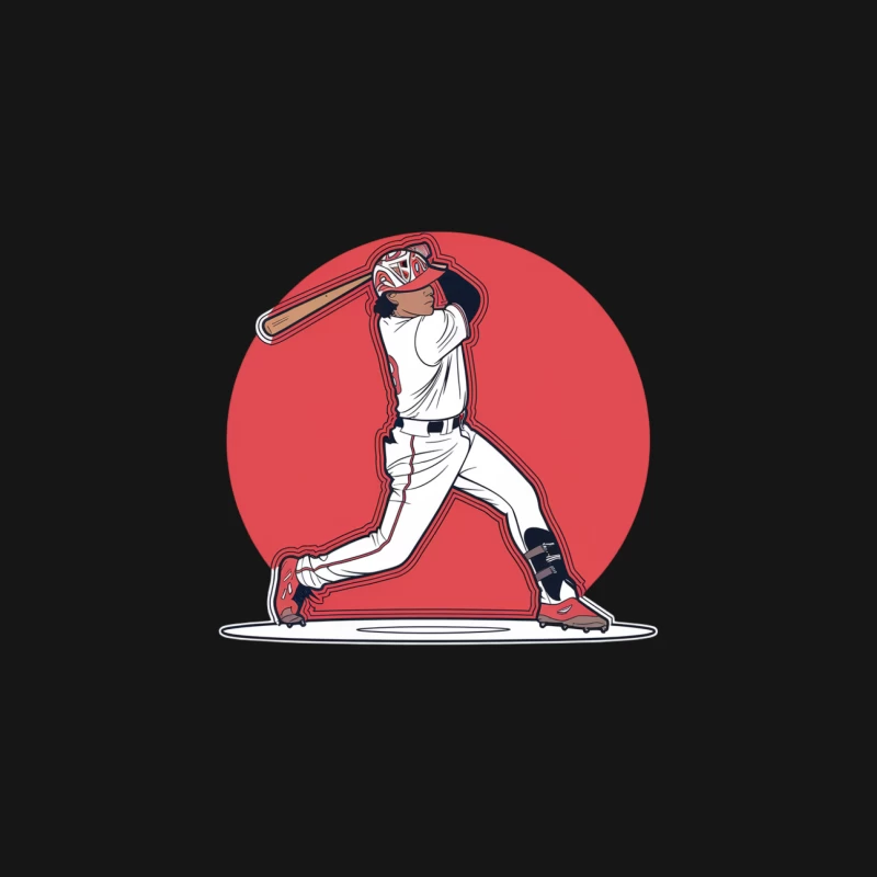 Cartoon Baseball Player Swinging Bat on Red Background Female Long Sleeve T-Shirt