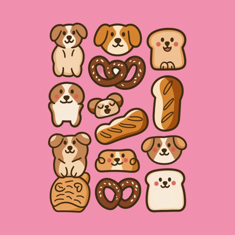 Cute Cartoon Dogs and Bread Icons in Kawaii Style Male T-Shirt