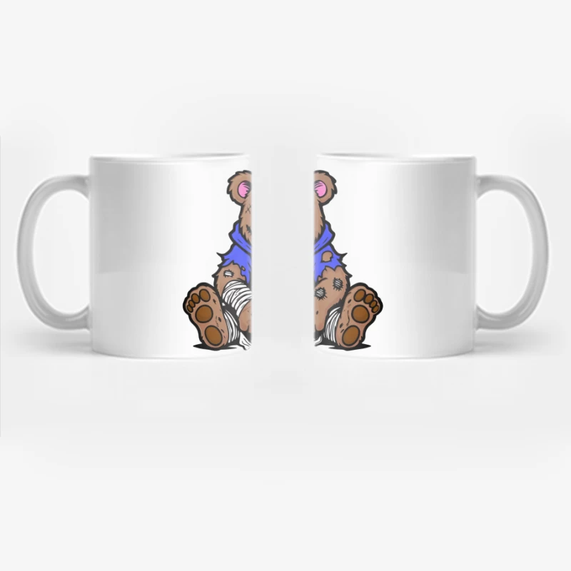 Sad Injured Teddy Bear in Blue Hoodie with Halloween Pumpkin Coffee Mug