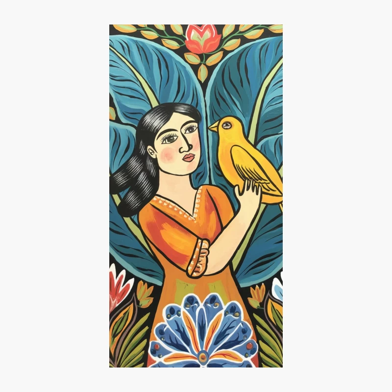 Vibrant Folk Art: Woman with Bird in Floral Setting iPhone Case