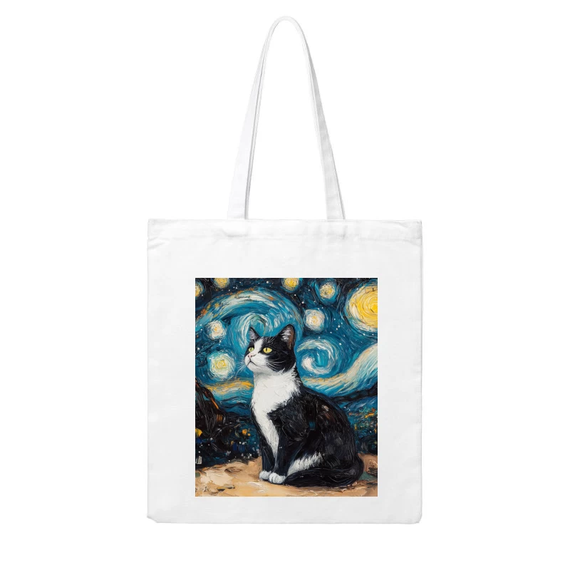 Whimsical Tuxedo Cat in Van Gogh's Starry Night Cotton Tote Bag