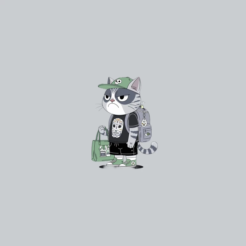 Grumpy Street Cat with Skull Streetwear and Backpack Baseball Cap