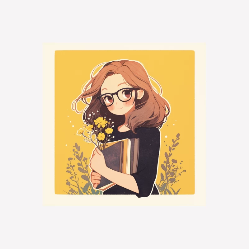 Bookish Girl with Yellow Flowers - Anime Style Illustration Male T-Shirt