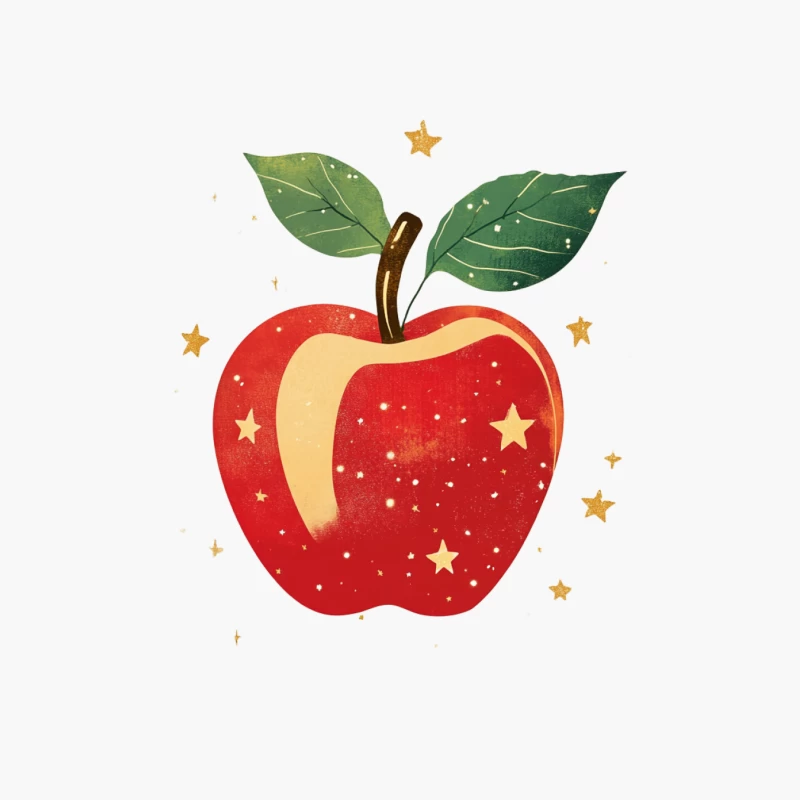 Magical Red Apple with Stars and Leaves Illustration Cotton Tote Bag