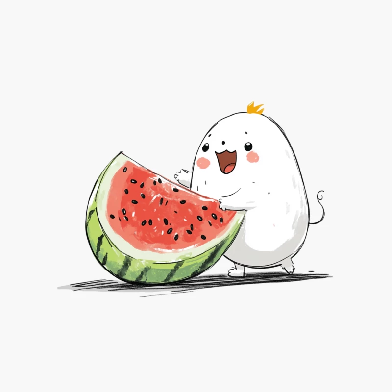 Cute Cartoon Character Enjoying Watermelon in Simple Digital Art Style Cotton Tote Bag