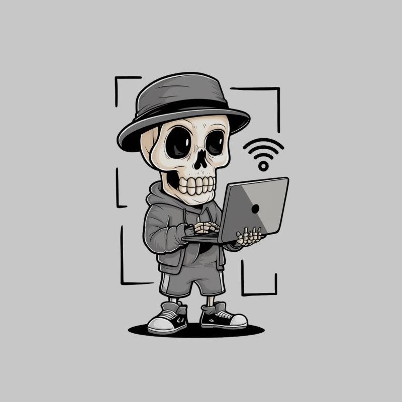 Cartoon Skeleton Character with Laptop and Wifi Connection Male Long Sleeve T-Shirt