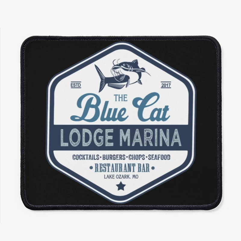 The Blue Cat Lodge Marina Restaurant and Bar - Vintage Nautical Logo Design Mouse Pad