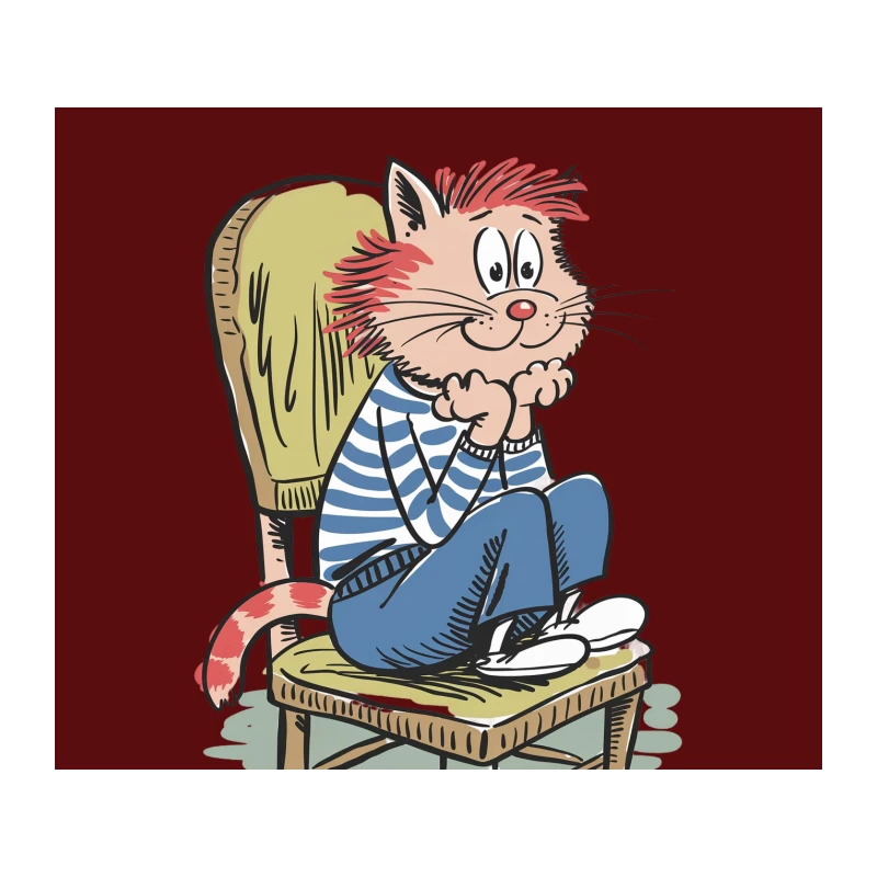 Casual Cartoon Cat Lounging in Striped Shirt on Green Chair Tapestry