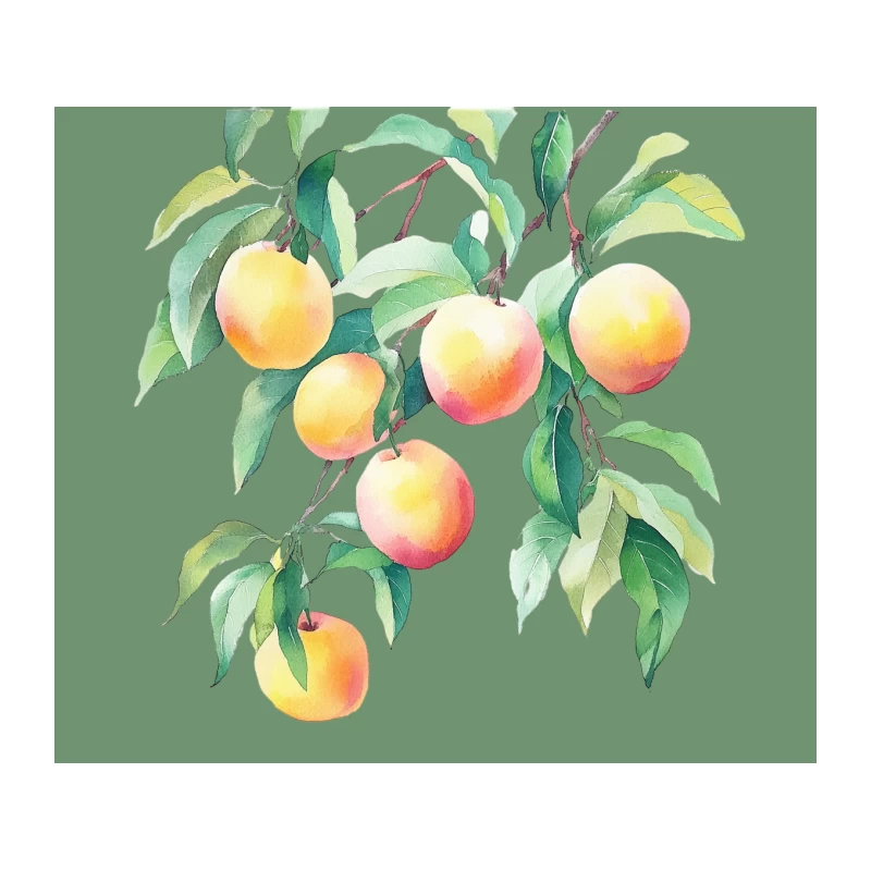 Watercolor Illustration of Peach Tree Branch with Ripe Fruits Tapestry