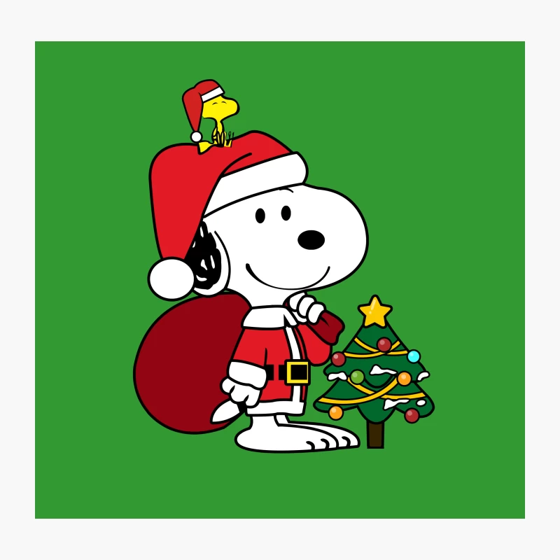 Snoopy in Santa Costume with Christmas Tree and Gift Bag Throw Pillow