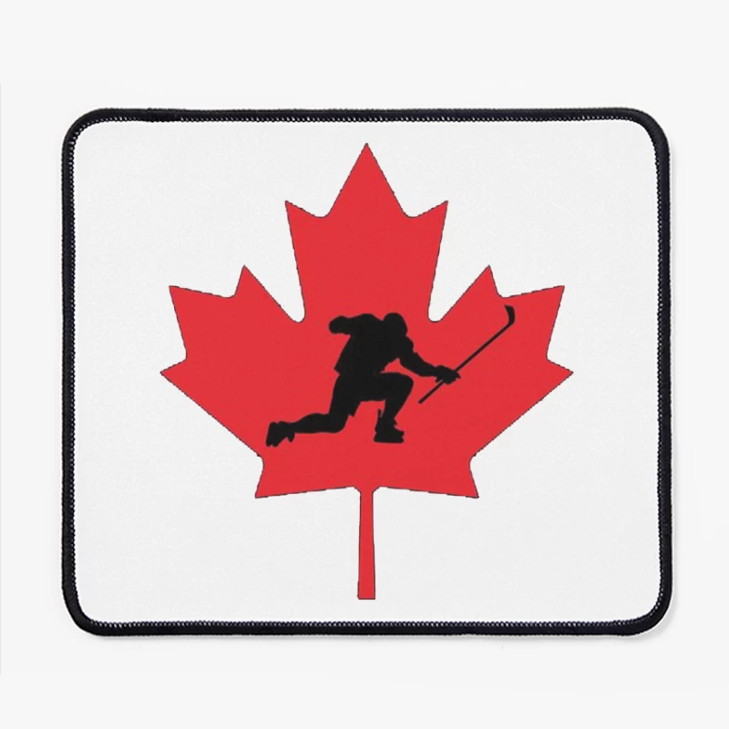 Canadian Hockey Player Silhouette on Red Maple Leaf Mouse Pad