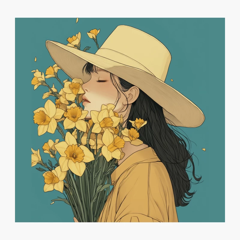 Springtime Serenity: Daffodil Dreams in Yellow and Teal Throw Pillow