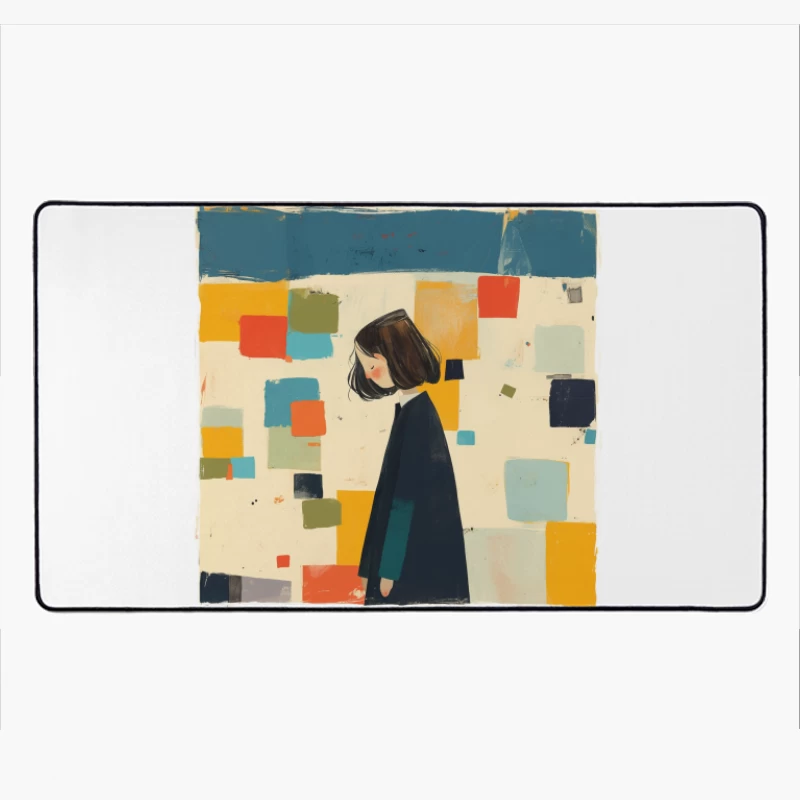 Minimalist Illustration of Figure in Black Coat Against Colorful Abstract Squares Desk Mat