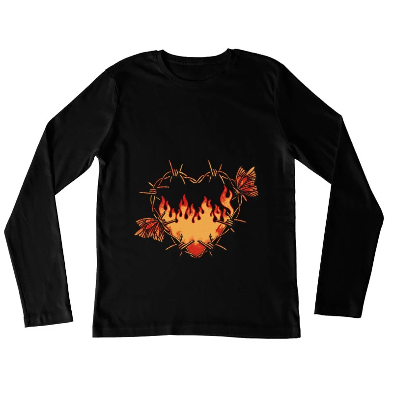 Herz aus Stacheldraht mit Flammen und Schmetterlingen Damen Langarm T-Shirt